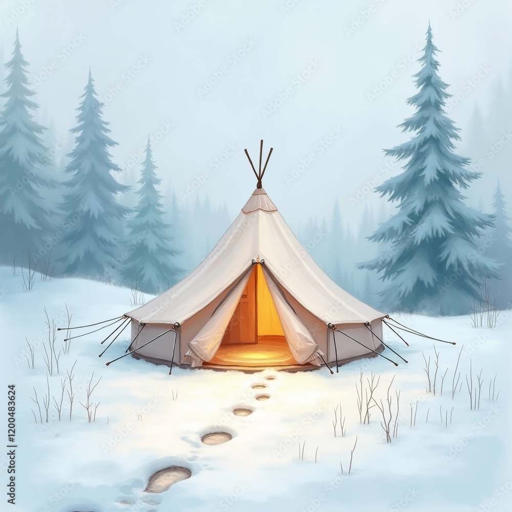 Poster the image shows a teepee in the middle of a snowy forest. the teepee is a large, beige-colored tent 