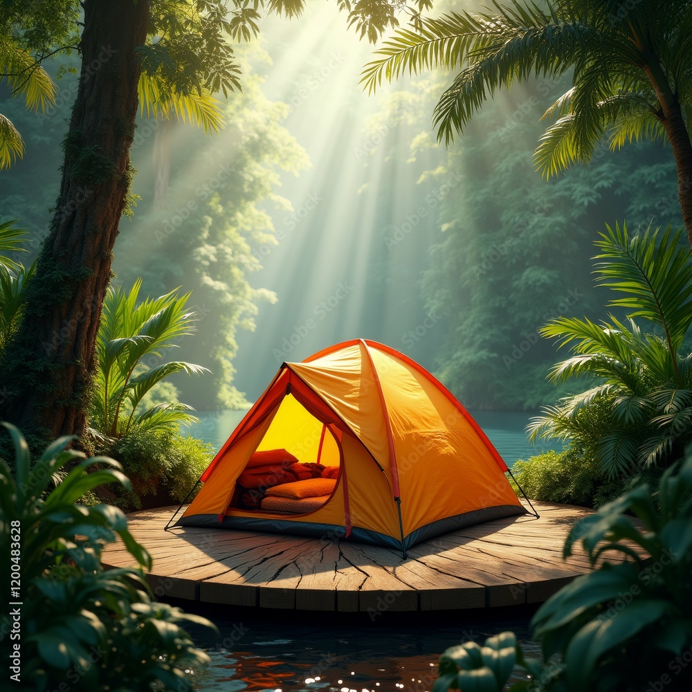 Poster the image shows a bright orange tent set up on a wooden dock in the middle of a tropical forest. the