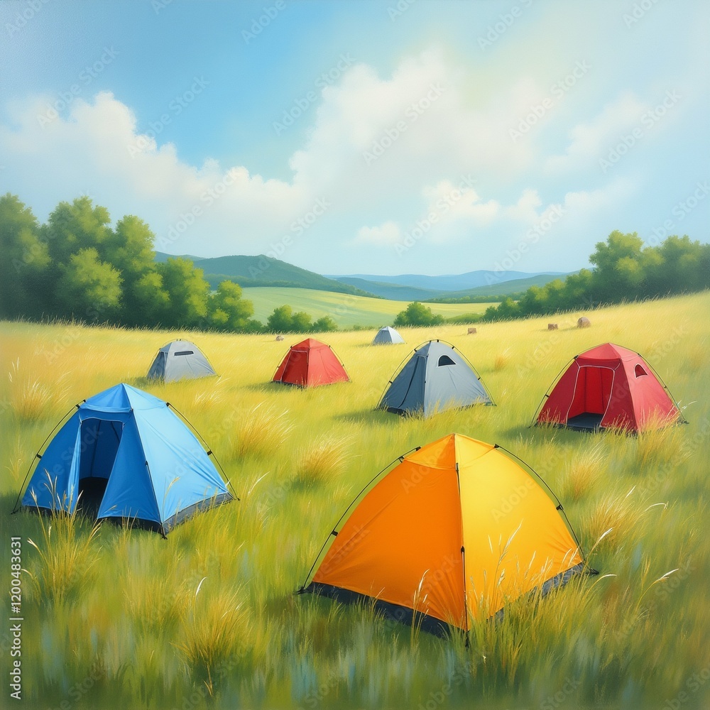 Poster the image shows a group of colorful tents set up in a field of tall grass. there are six tents in to