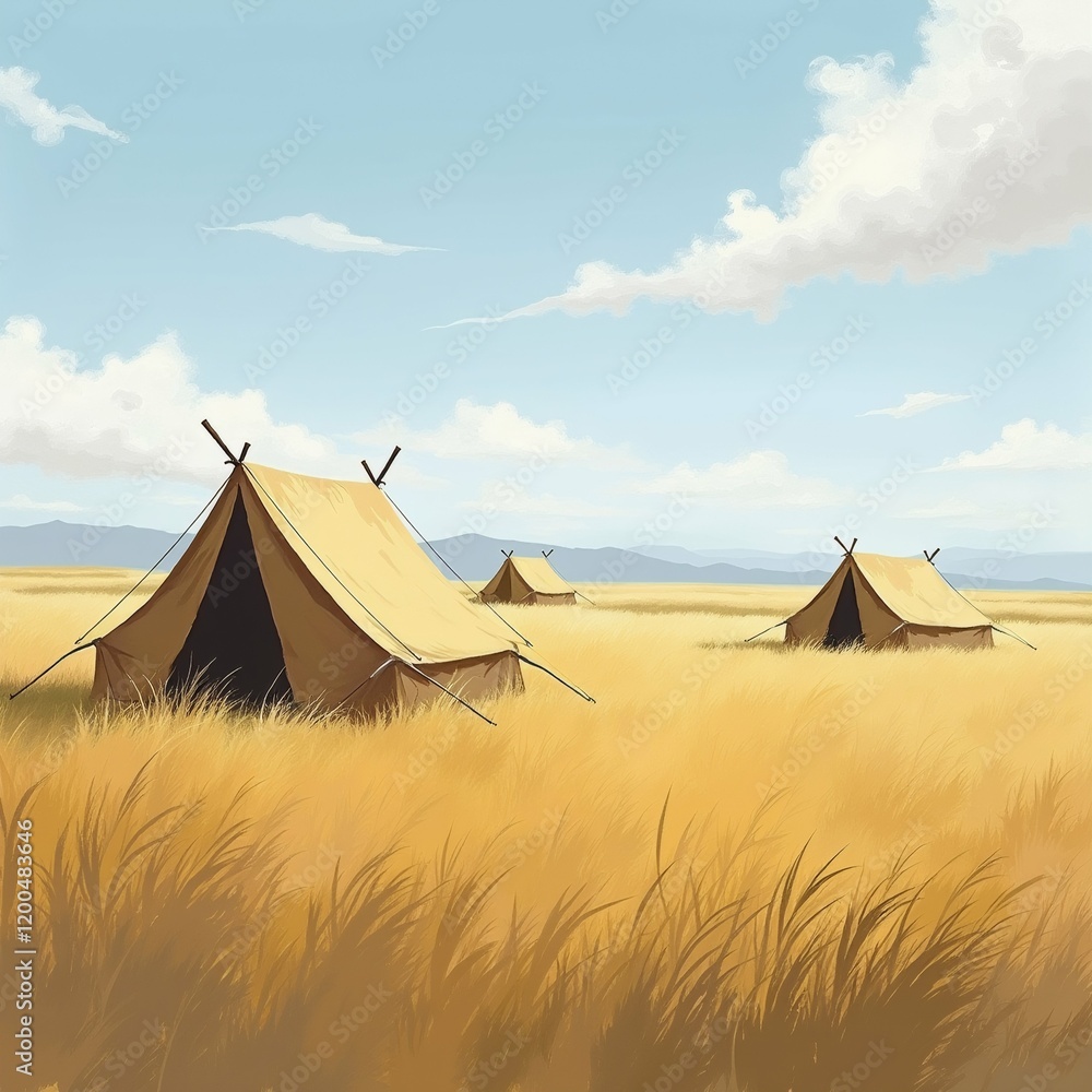 Poster the image shows a group of tents in a field of tall, golden grass. the tents are arranged in a trian
