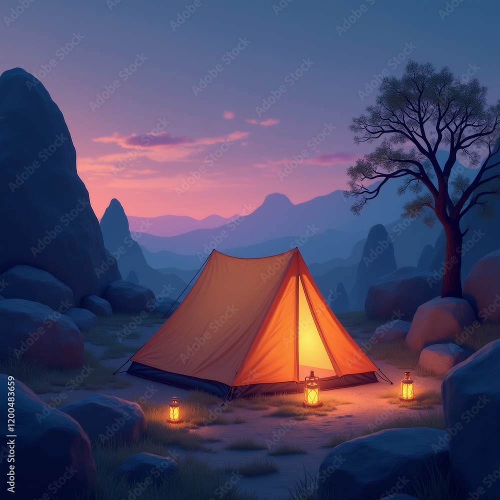 Poster the image shows a camping scene with a large orange tent set up in the middle of a rocky landscape. 