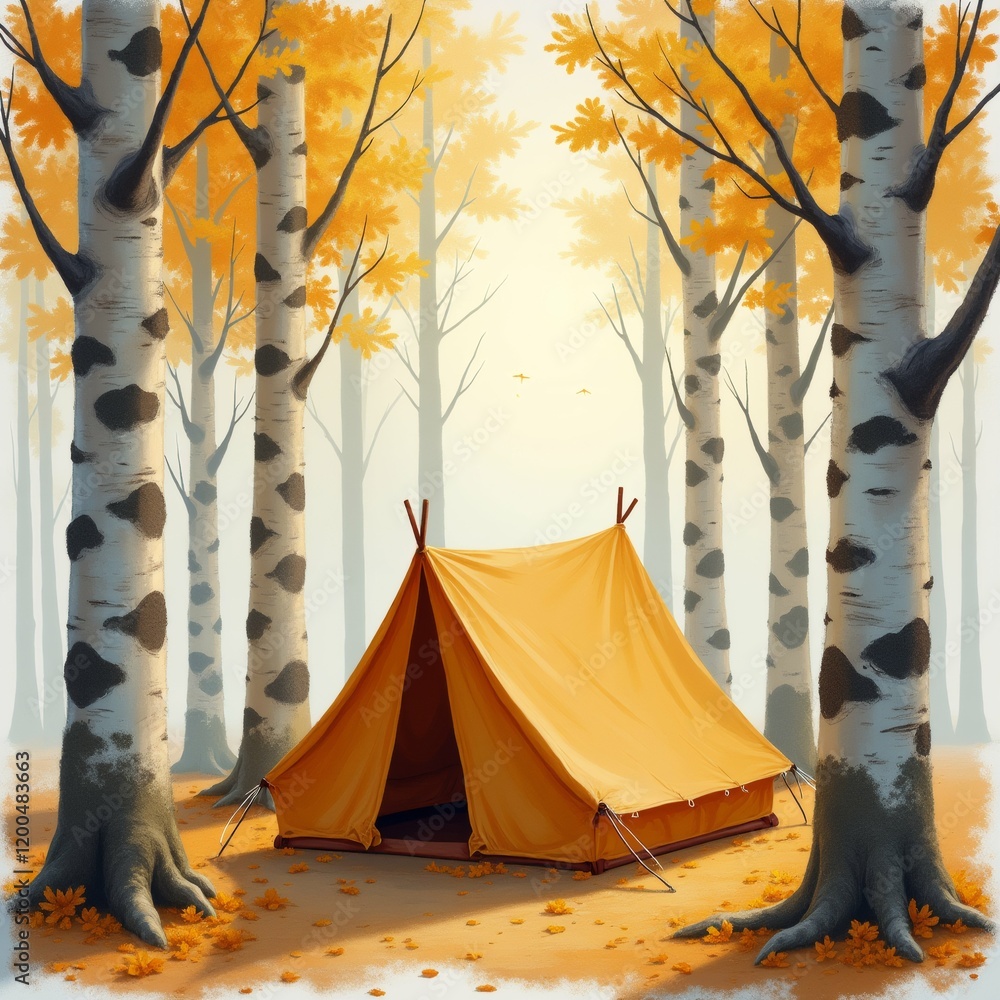 Poster the image shows a tent set up in the middle of a forest. the tent is orange in color and is surround