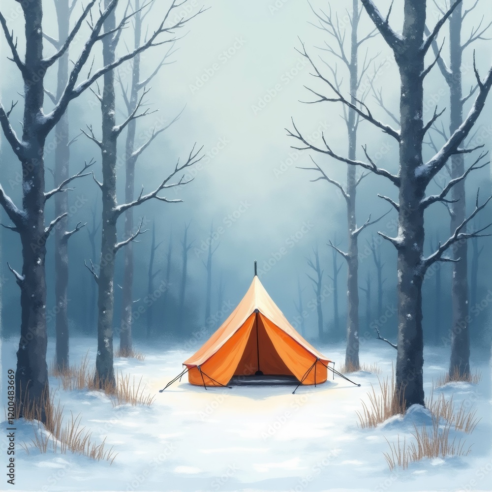 Poster the image shows a tent set up in the middle of a snowy forest. the tent is orange in color and is fa