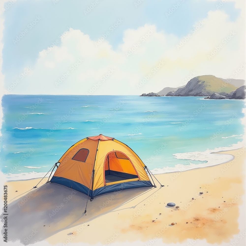 Poster the image is a watercolor illustration of a beach scene with a tent set up on the sand. the tent is 