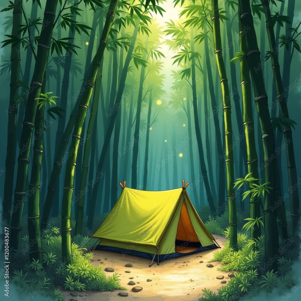 Poster the image shows a yellow tent set up in the middle of a dense bamboo forest. the tent is facing towa