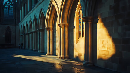 Fototapeta premium Gothic architecture detail, illuminated arches, stone facade, cathedral exterior, religious building,. Gothic Cathedral Shadows. Illustration