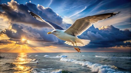 Fototapeta premium A dramatic seagull soars overhead, its wings outstretched as it rides the ocean breeze, bird of prey, seabird