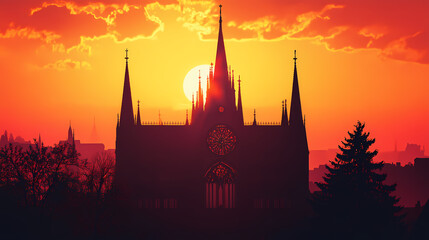 Naklejka premium Gothic cathedral at fiery sunset. Gothic Cathedral Shadows. Illustration