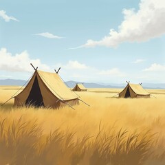 The image shows a group of tents in a field of tall, golden grass. The tents are arranged in a triangular formation, with the largest tent in the center and two smaller ones on either side.