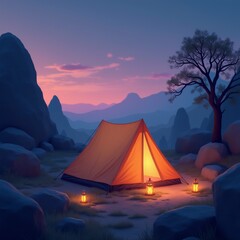 The image shows a camping scene with a large orange tent set up in the middle of a rocky landscape. The tent is facing towards the right side of the image, with a lone tree on the left side.