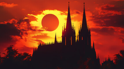 Naklejka premium Gothic cathedral at fiery sunset. Gothic Cathedral Shadows. Illustration