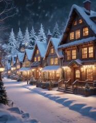 Fototapeta premium A festive Christmas village with houses and shops covered in sparkly snow and glittering icicles, winter wonderland, twinkling lights
