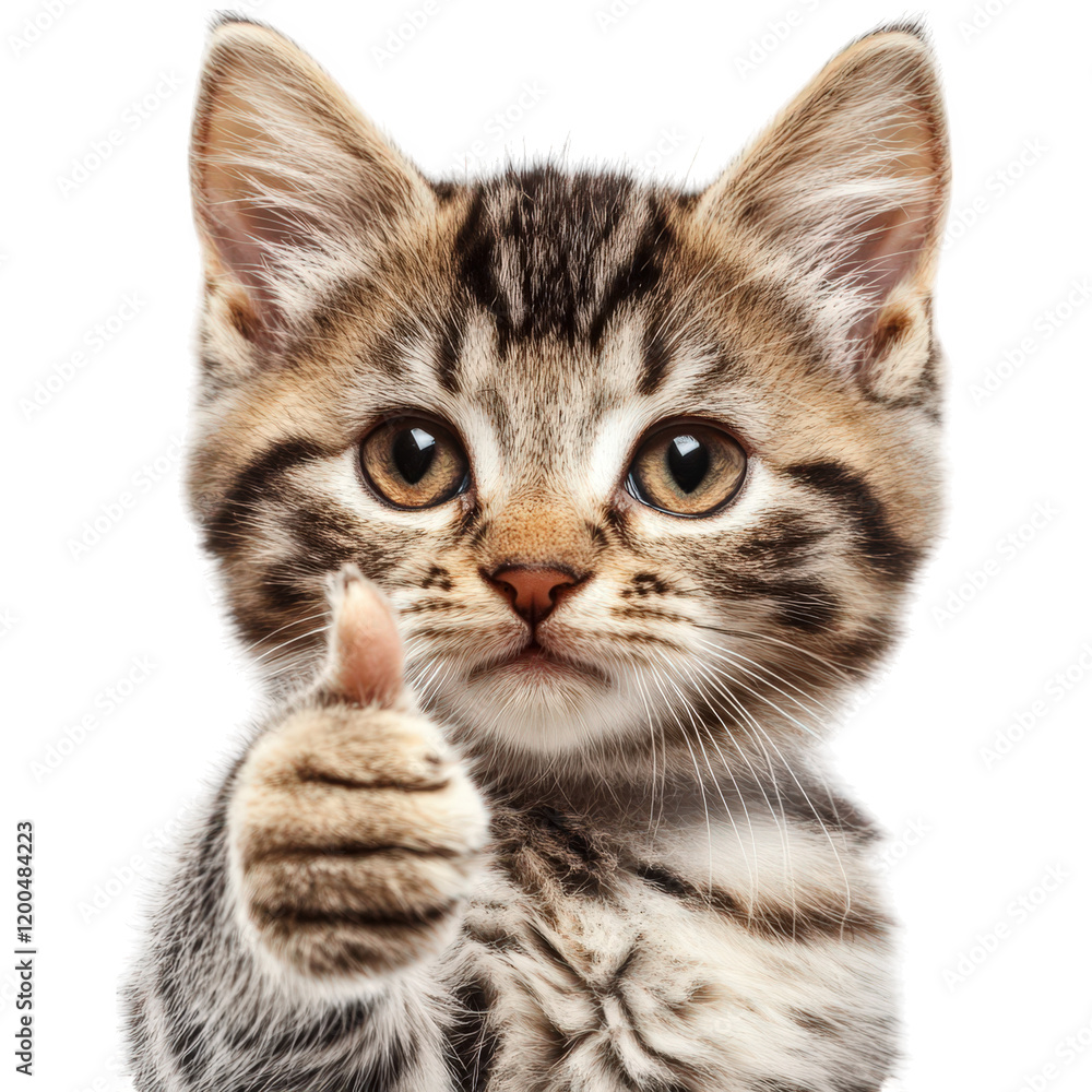 Poster cute. tabby kitten giving a thumbs-up gesture. showcasing an adorable expression that conveys positi