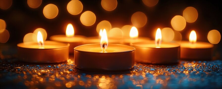 Candles Glow in All Saints Day Celebration with Warm Bokeh Lights and Fire on Textured Surface - Powered by Adobe