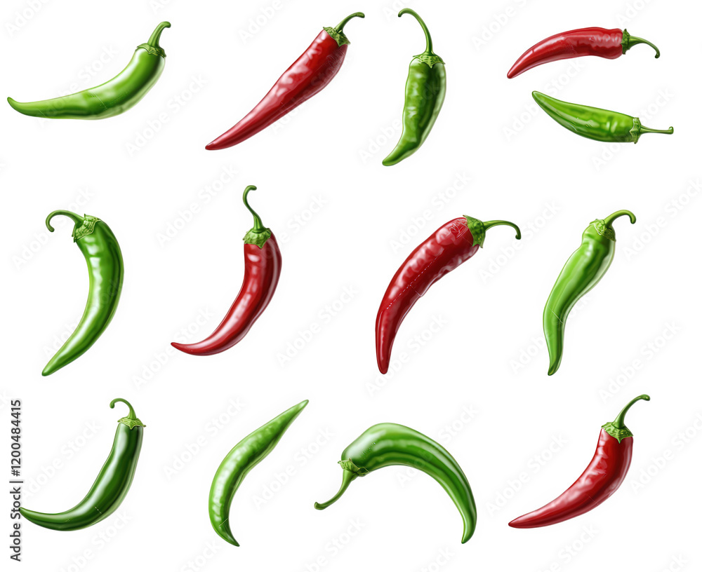 Poster n arrangement of various chili peppers. showcasing both green and red varieties the peppers are disp