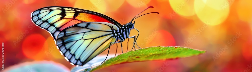 Poster close-up view of a colorful butterfly perched on a leaf with vibrant background of blurred warm tone
