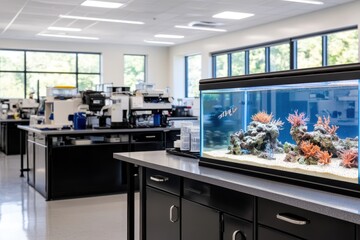 Modern laboratory interior featuring a large aquarium with vibrant coral and fish, showcasing a clean and organized workspace for scientific research activities