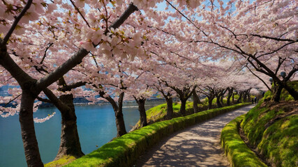 Obraz premium Cherry Blossom Pathway Along Waterside during springtime with soft pink blossoms