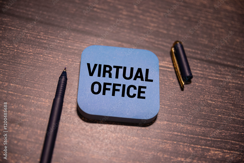 Poster virtual office. view from above. work desk with text on a notebook