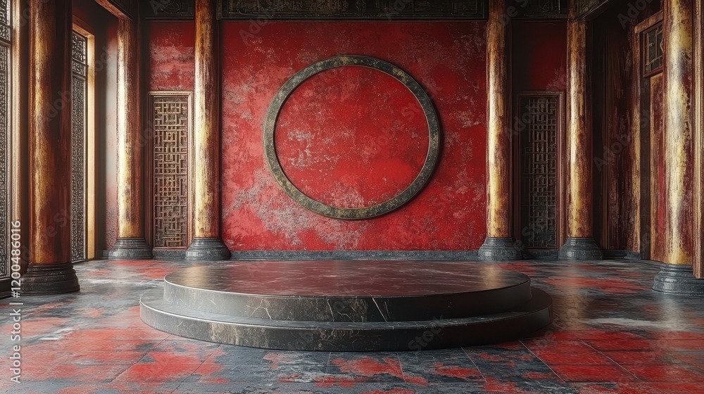 Poster a serene, red-themed room with a circular feature and a central platform.