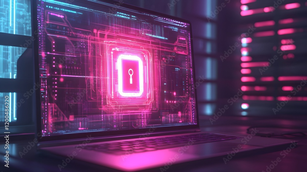 Poster laptop displaying digital keyhole cybersecurity system