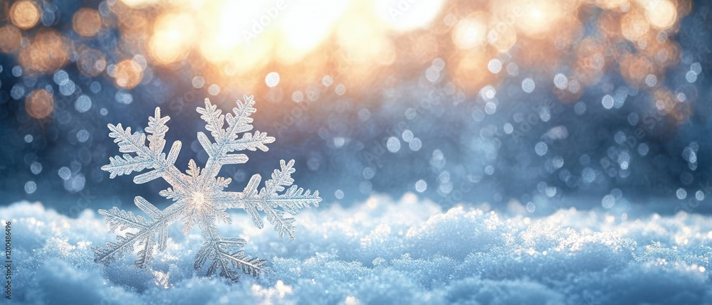 Poster snowflake close up in winter landscape with soft bokeh lights and gentle sunlight