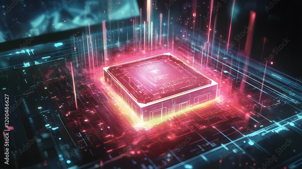 Poster glowing central processing unit on circuit board