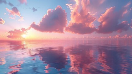 A tranquil sunset over a calm sea, with vibrant clouds floating just above the water