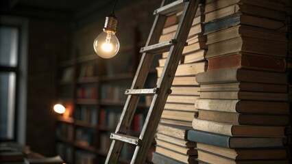 A ladder leaning against a towering stack of books the top rung holding a single light bulb that casts an eerie glow, study lamp, ladder, books, tall shelves