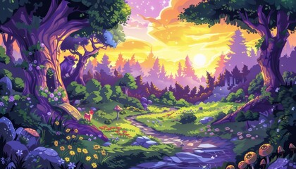 Fototapeta premium A magical forest path leading to a vibrant sunset with a deer and mushrooms along the way.