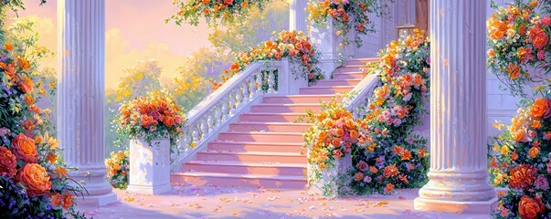 Fototapeta premium Serene Garden Stairs Adorned with Vibrant Flowers in a Dreamy Sunset Atmosphere, Creating a Captivating and Tranquil Ambiance