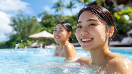 Fototapeta premium Korean woman and her friend swimming in a luxury tropical resort pool