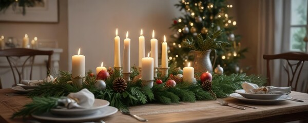 Obraz premium A beautifully decorated Christmas Eve table setting with candles, ornaments, and a vase of evergreen branches, ornate glassware, holiday decor