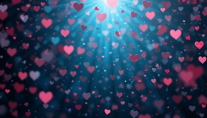 Pink and red hearts falling on a blue background