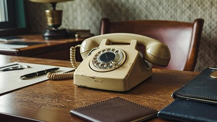 Vintage Desk Phone: A classic beige rotary dial phone sits on a wooden desk, a reminder of a bygone era of communication.