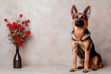 Obraz premium German Shepherd Dog and Red Roses in Vase