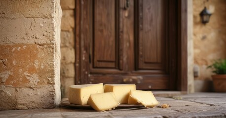 A block of pecorino cheese in front of a rustic Italian door , sharp cheese, aged cheese, archway