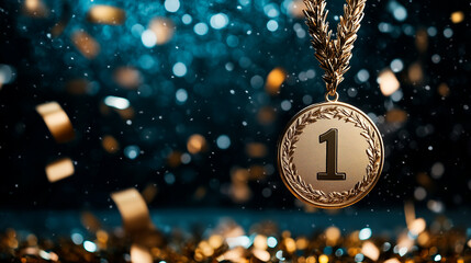 Gold Medal with Number One, Teal Background, Gold Confetti