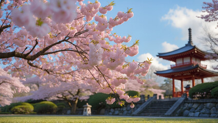 Fototapeta premium Pink cherry blossoms with traditional Japanese pagoda during spring