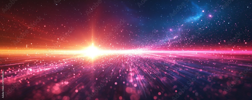 Poster exploring cosmic energy burst outer space digital art nebula environment futuristic perspective univ