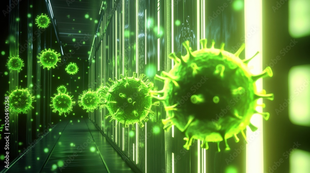 Poster glowing wall effectively deflects viruses in a high tech environment enhancing safety. generative ai