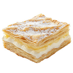 Indulge in the Luxurious Delight of a Flaky Cream-Filled Mille-Feuille Pastry Topped with Powdered Sugar