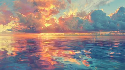 Fototapeta premium A peaceful sunset over a calm sea, with dramatic clouds floating just above the water