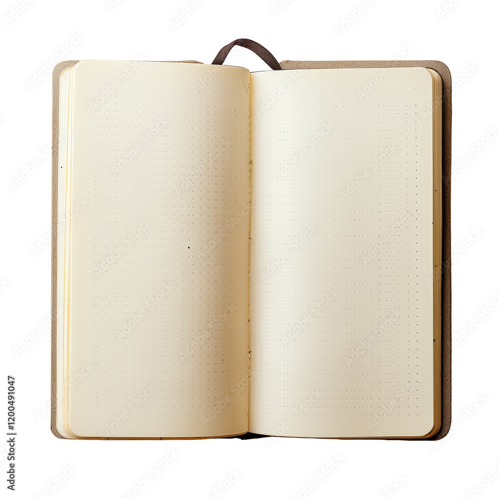 Poster an open notebook with a looped spine resting on a clean surface, ready for notes and creative ideas,