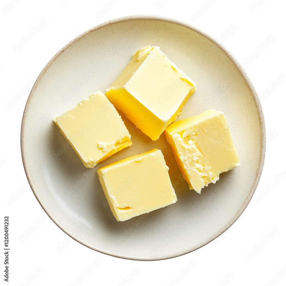 Aufkleber fresh butter blocks neatly arranged on a plain plate isolated against a transparent background, butt