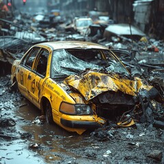Fototapeta premium Destruction aftermath abandoned yellow taxi urban street photography rainy environment close-up view urban decay concept