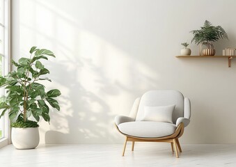 Cozy Gray Armchair with Potted Plants in Scandinavian Living Room Interior Design