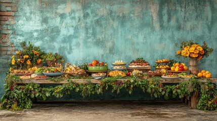 Obraz premium Abundant autumn buffet table outdoors, rustic background, event food