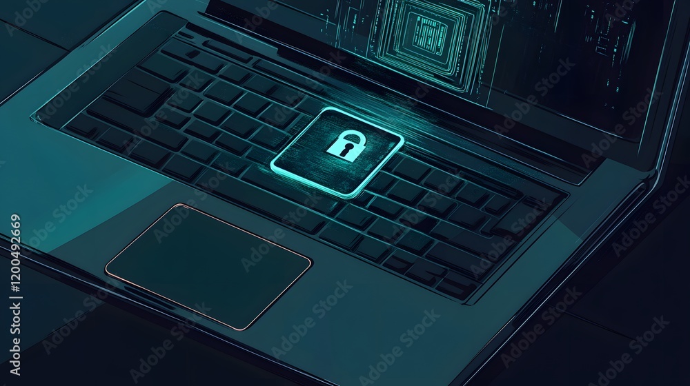 Poster laptop keyboard displays digital security lock icon