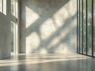 Obraz premium Modern Loft Interior Space with Large Windows and Nature View